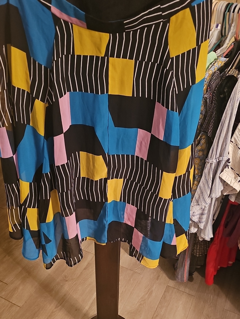Ashley Stewart Black A-Line Skirt with Blue, Yellow & Pink Geometric Blocks